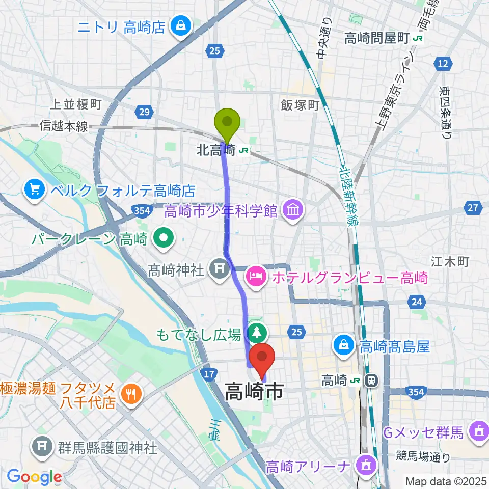 北高崎駅から群馬シンフォニーホールへのルートマップ地図