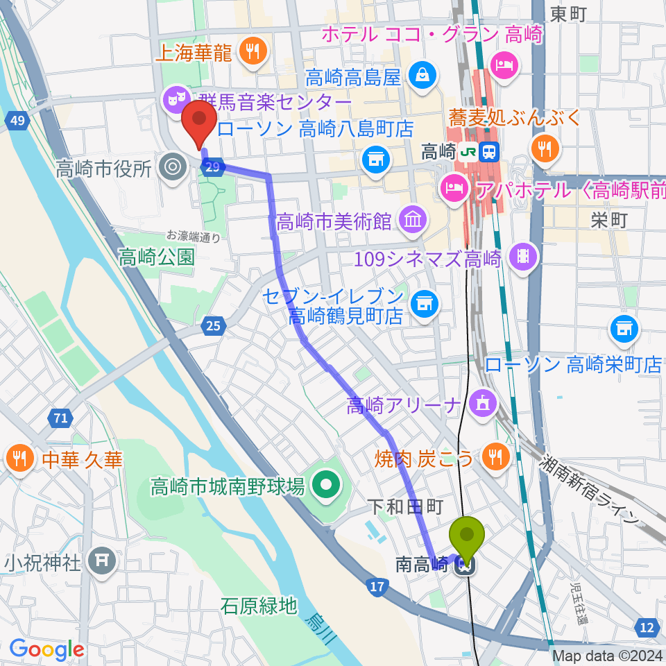 南高崎駅から群馬シンフォニーホールへのルートマップ地図