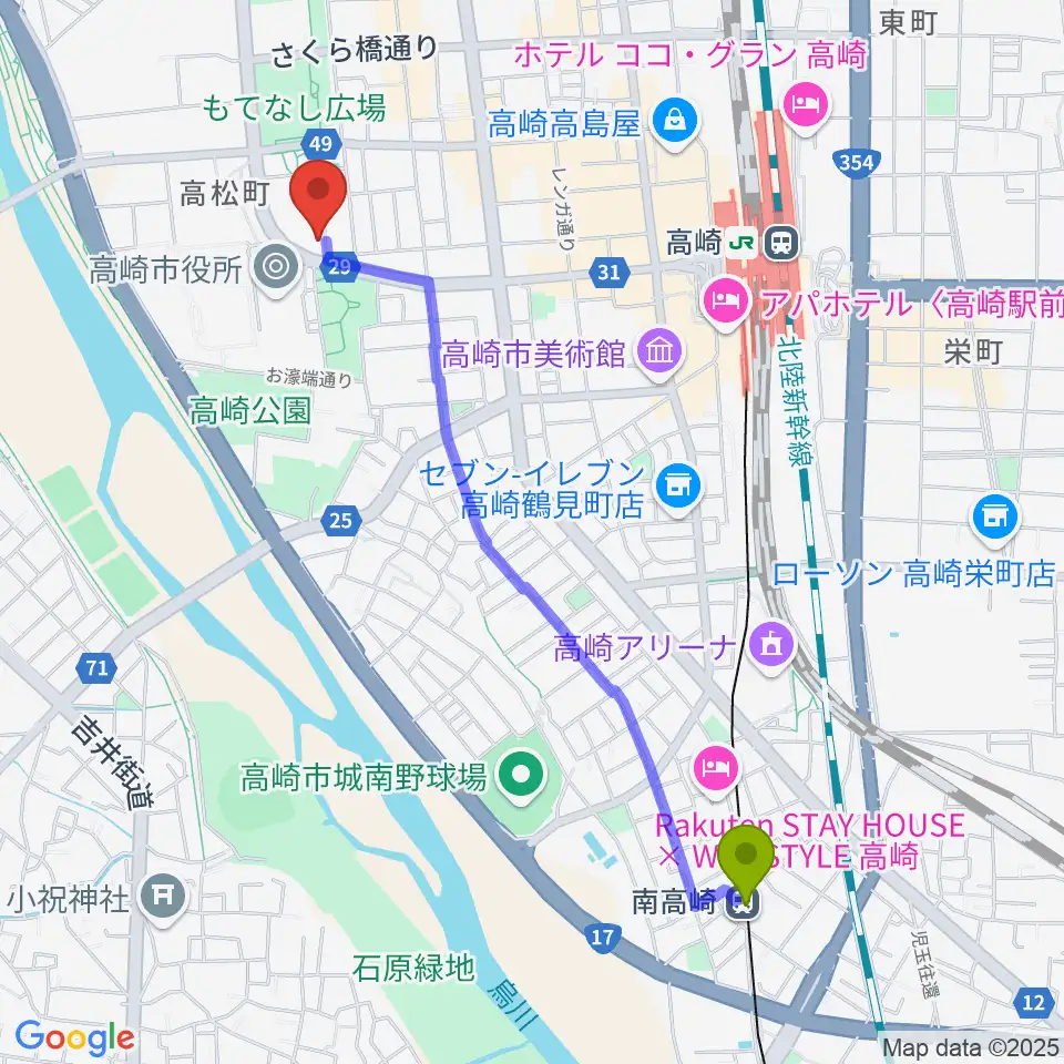 南高崎駅から群馬シンフォニーホールへのルートマップ地図