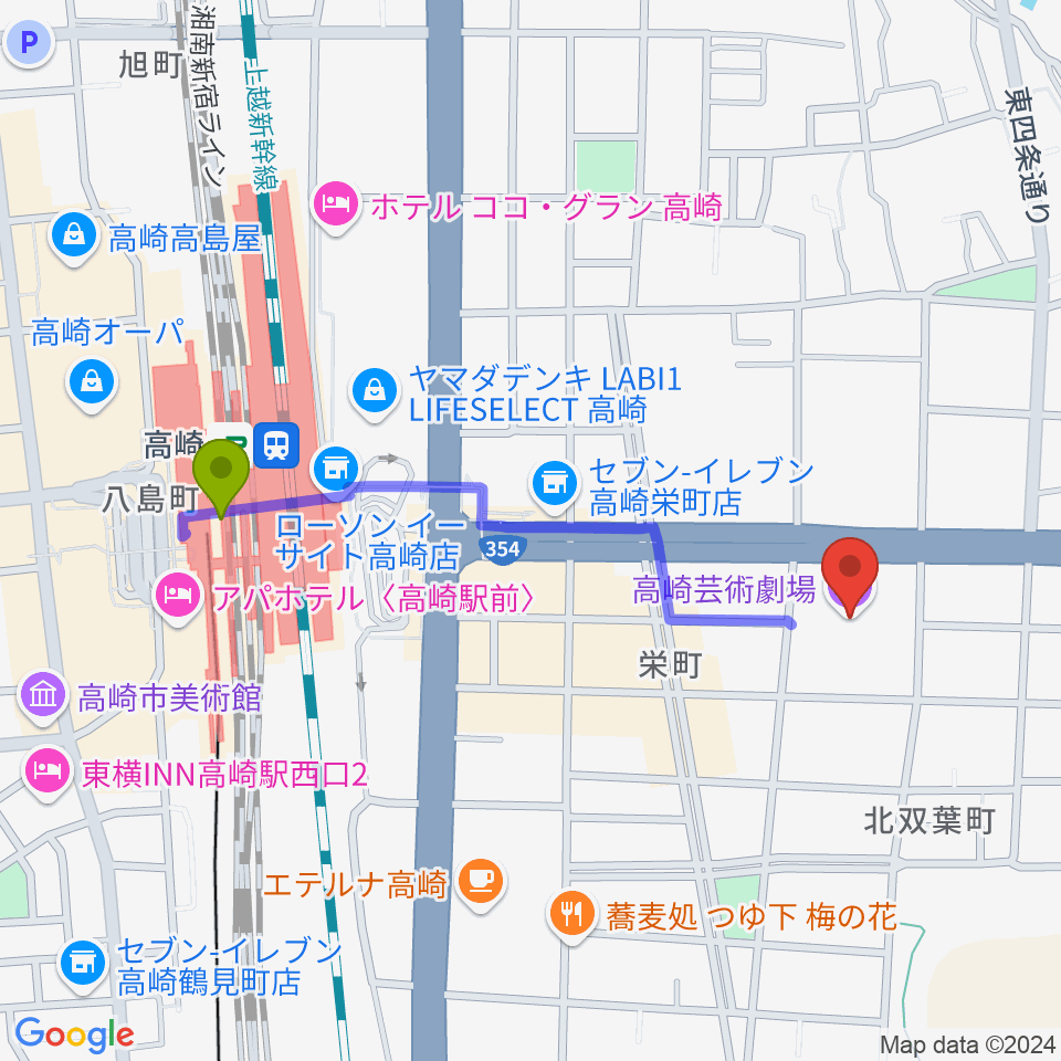 高崎芸術劇場の最寄駅高崎駅からの徒歩ルート（約9分）地図