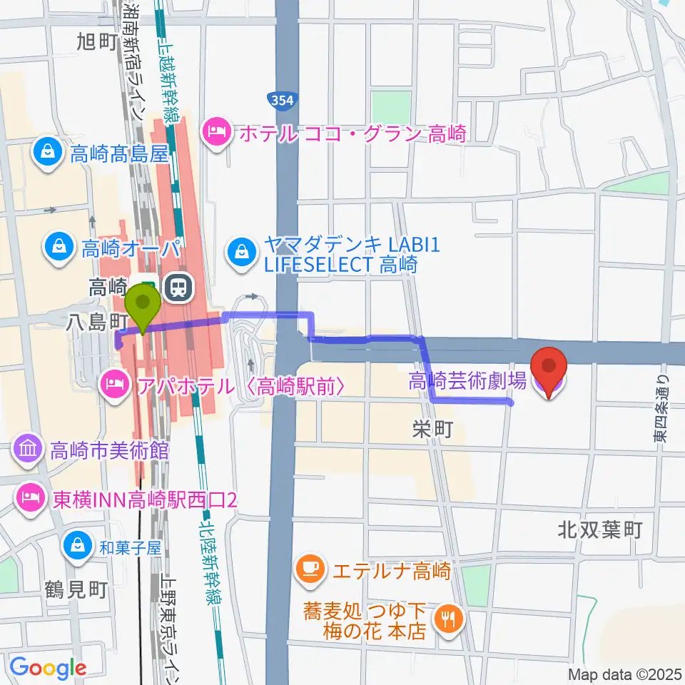 高崎芸術劇場の最寄駅高崎駅からの徒歩ルート（約9分）地図