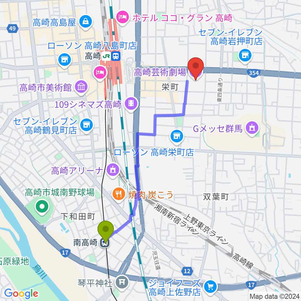 南高崎駅から高崎芸術劇場へのルートマップ地図