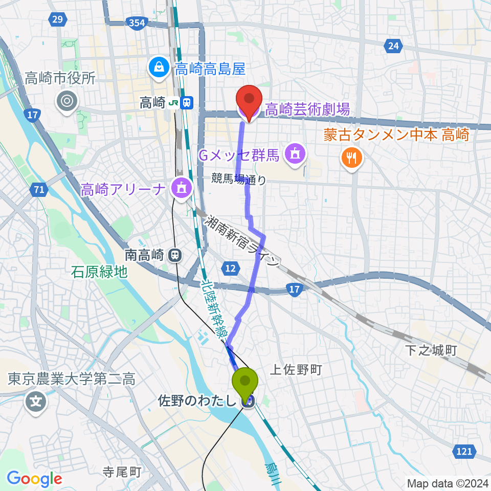 佐野のわたし駅から高崎芸術劇場へのルートマップ地図