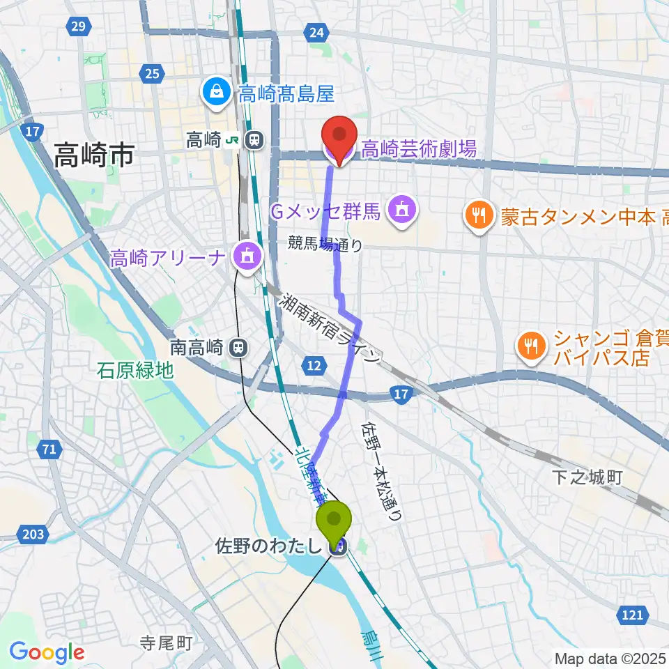 佐野のわたし駅から高崎芸術劇場へのルートマップ地図
