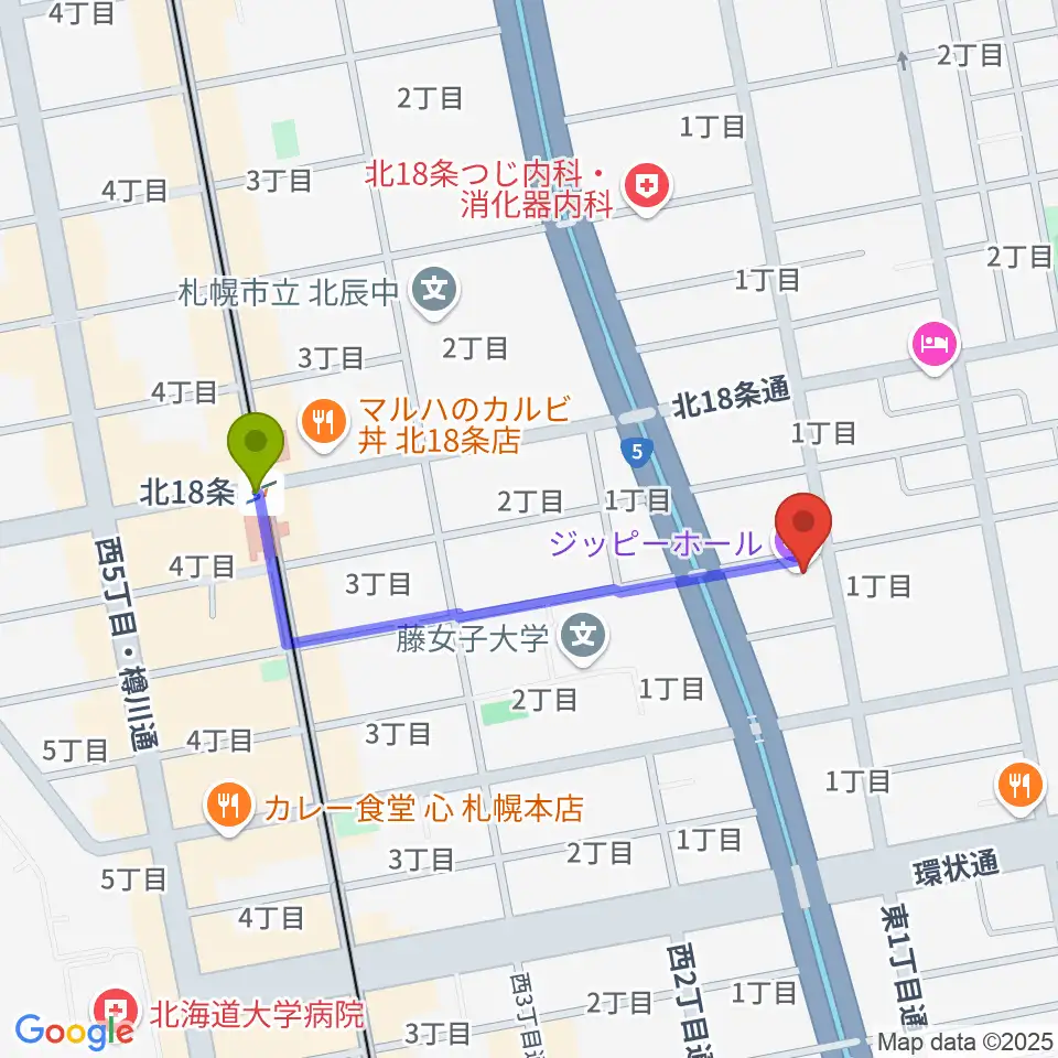 スタジオミックス・ジッピーホールの最寄駅北１８条駅からの徒歩ルート（約7分）地図