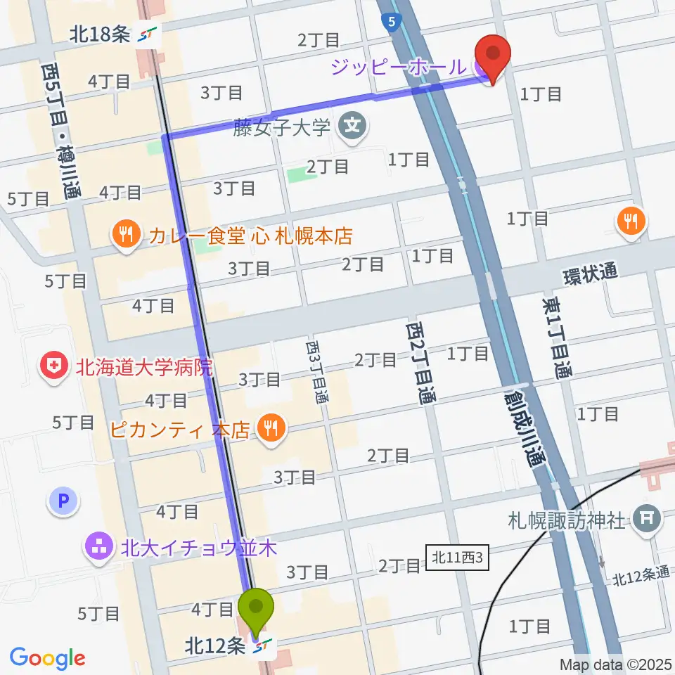 北１２条駅からスタジオミックス・ジッピーホールへのルートマップ地図