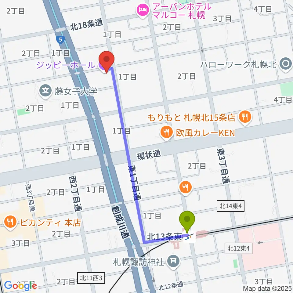 北１３条東駅からスタジオミックス・ジッピーホールへのルートマップ地図