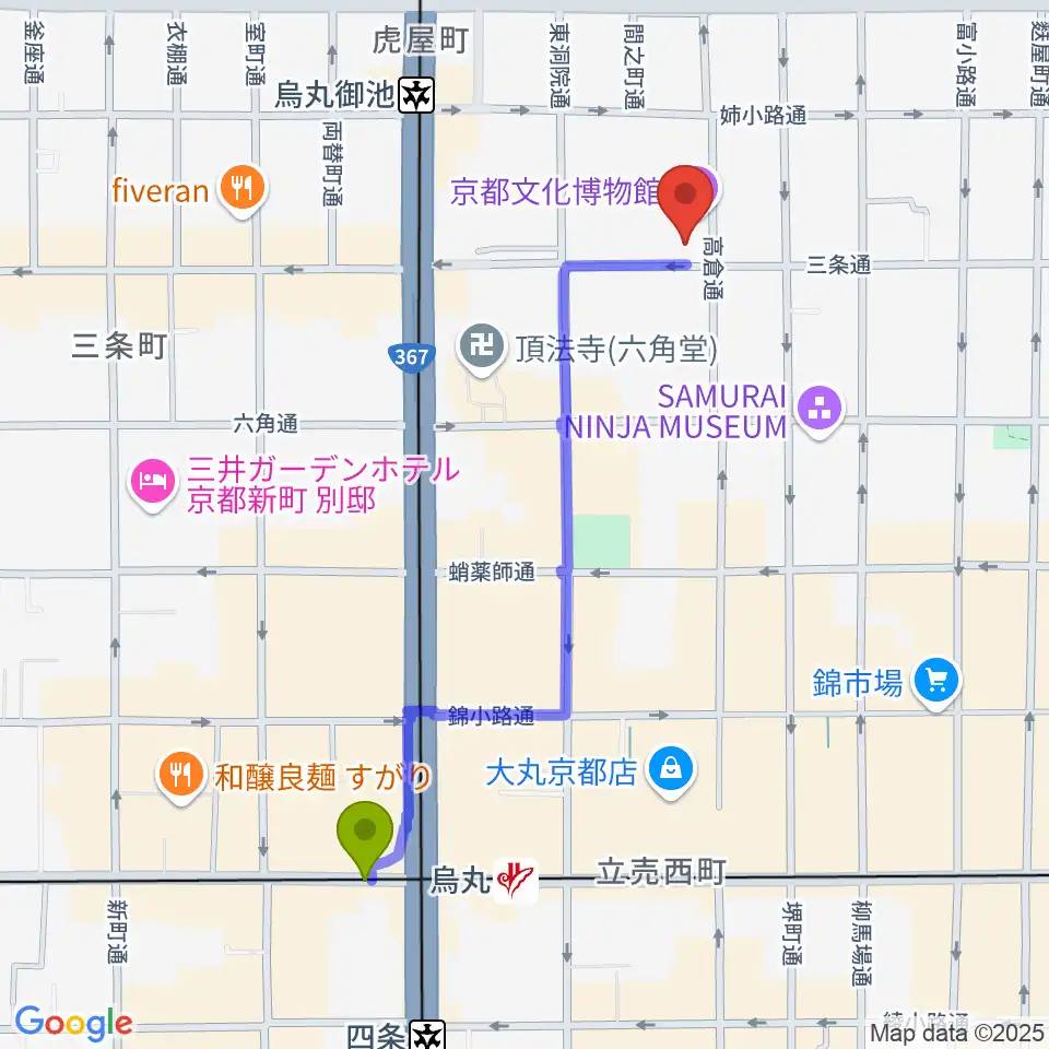 烏丸駅から京都文化博物館 別館ホールへのルートマップ地図