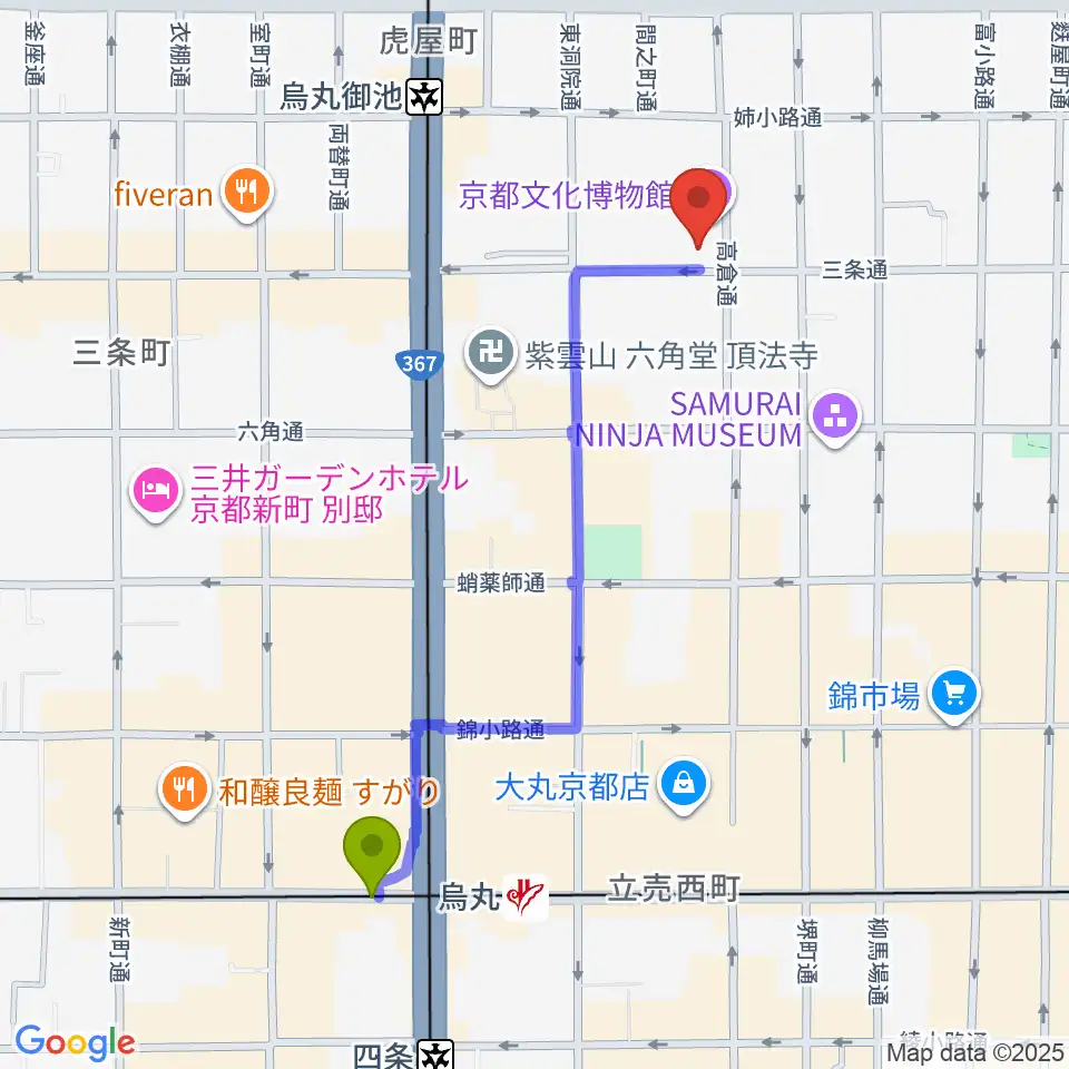 烏丸駅から京都文化博物館 別館ホールへのルートマップ地図