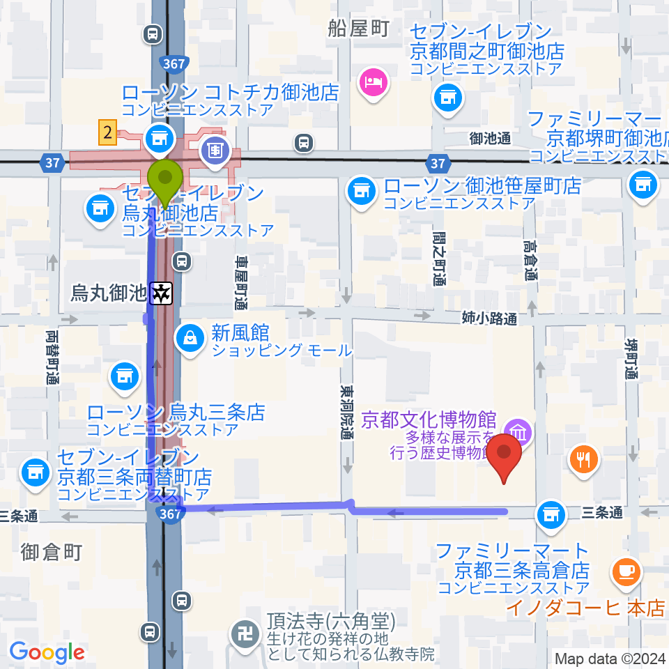 京都文化博物館 別館ホールの最寄駅烏丸御池駅からの徒歩ルート（約5分）地図