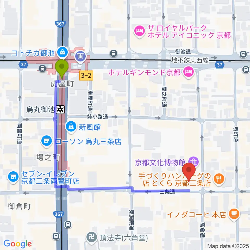 京都文化博物館 別館ホールの最寄駅烏丸御池駅からの徒歩ルート（約5分）地図