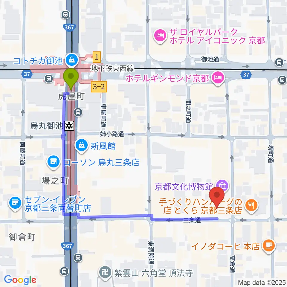 京都文化博物館 別館ホールの最寄駅烏丸御池駅からの徒歩ルート（約5分）地図