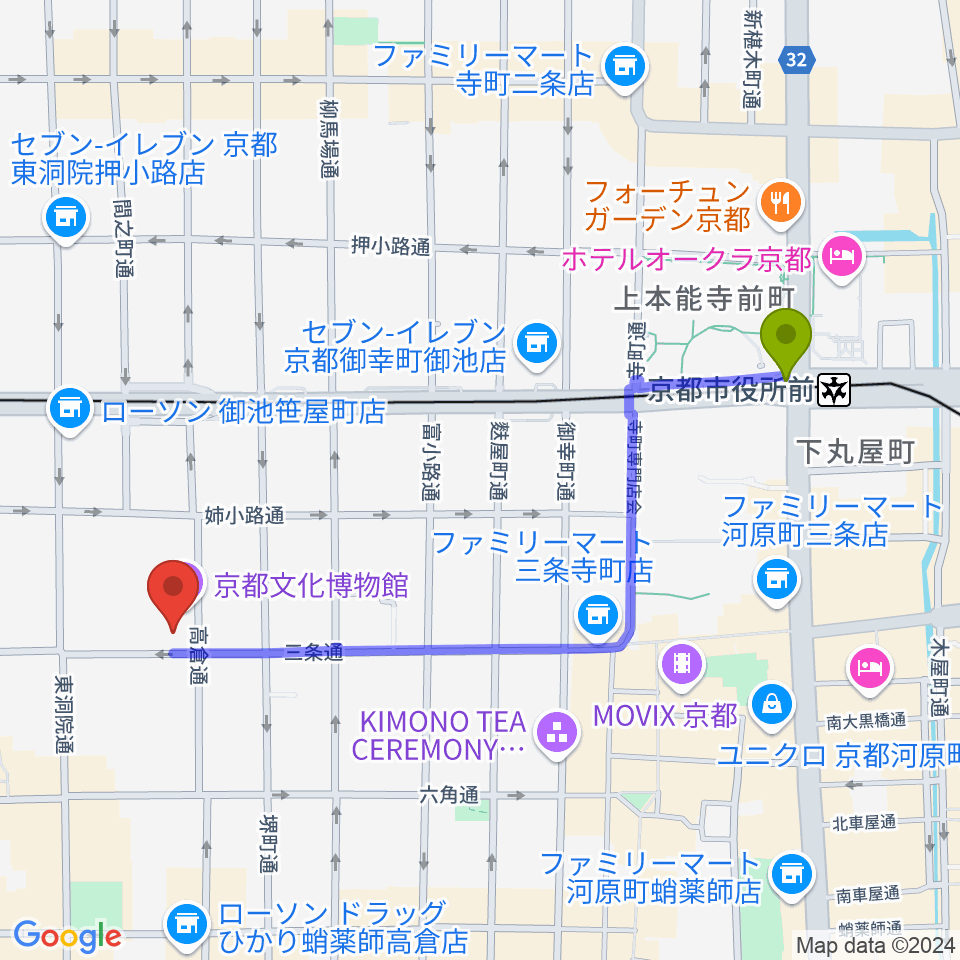 京都市役所前駅から京都文化博物館 別館ホールへのルートマップ地図