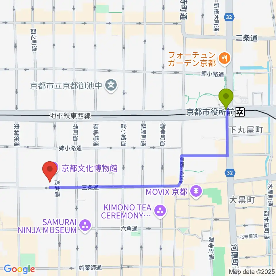 京都市役所前駅から京都文化博物館 別館ホールへのルートマップ地図
