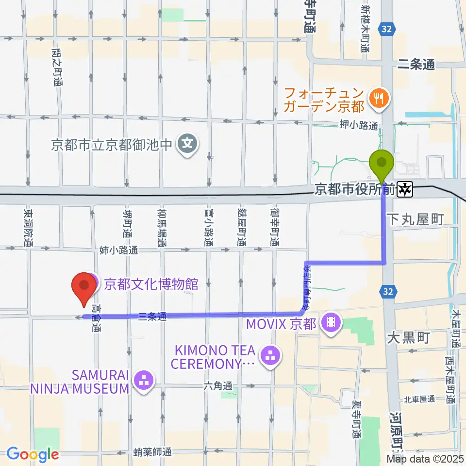 京都市役所前駅から京都文化博物館 別館ホールへのルートマップ地図