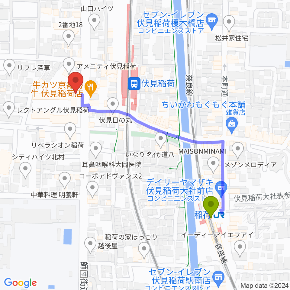稲荷駅からアンソニアカフェへのルートマップ地図