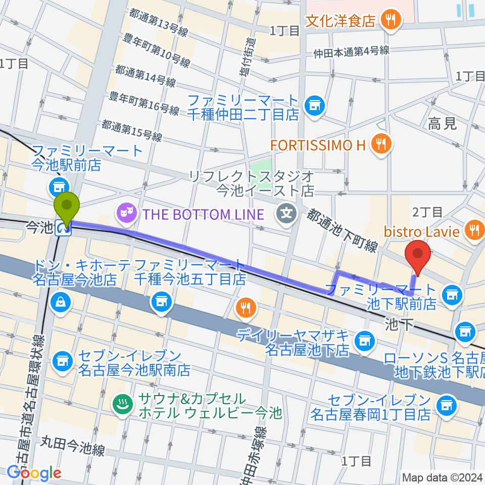 今池駅から池下ストレガへのルートマップ地図