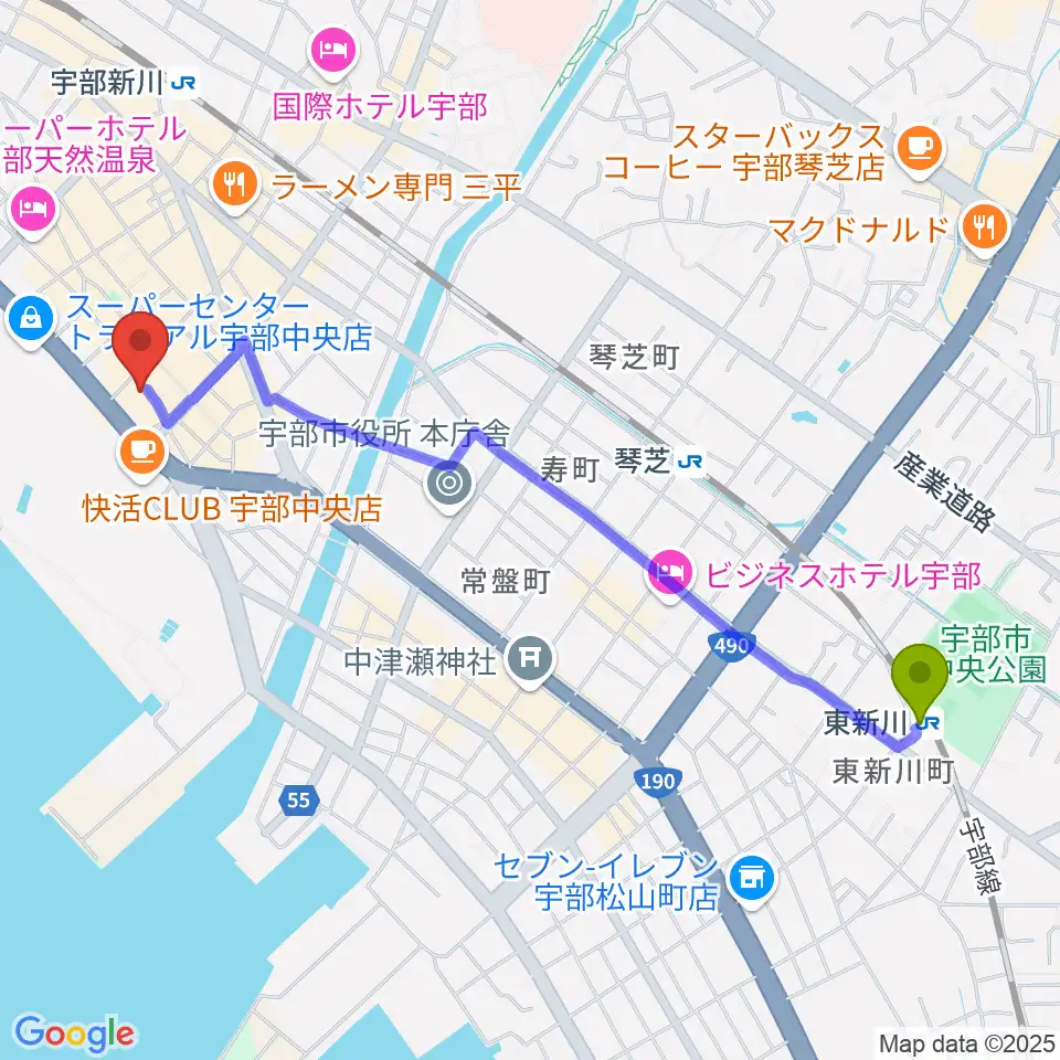 東新川駅から宇部BBBへのルートマップ地図