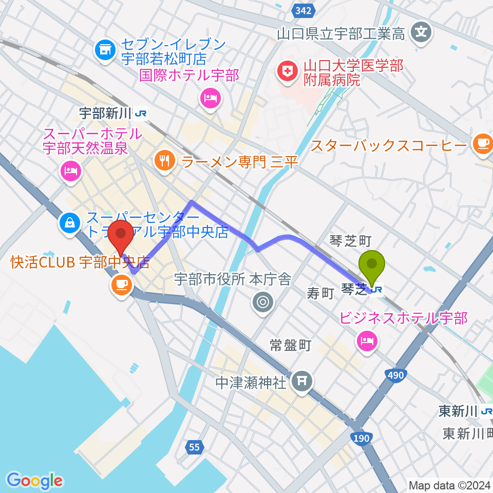 琴芝駅から宇部BBBへのルートマップ地図