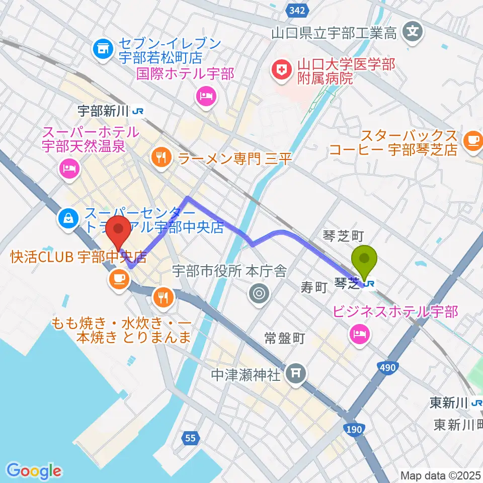 琴芝駅から宇部BBBへのルートマップ地図