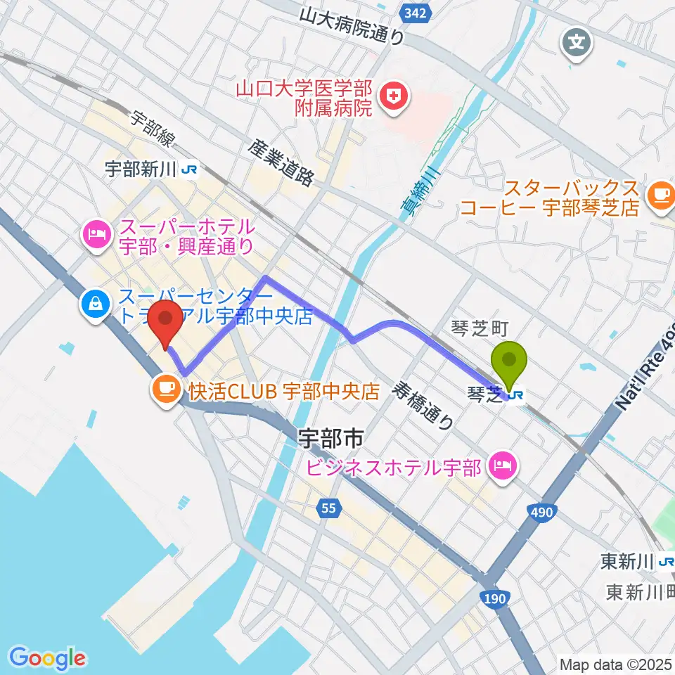 琴芝駅から宇部BBBへのルートマップ地図