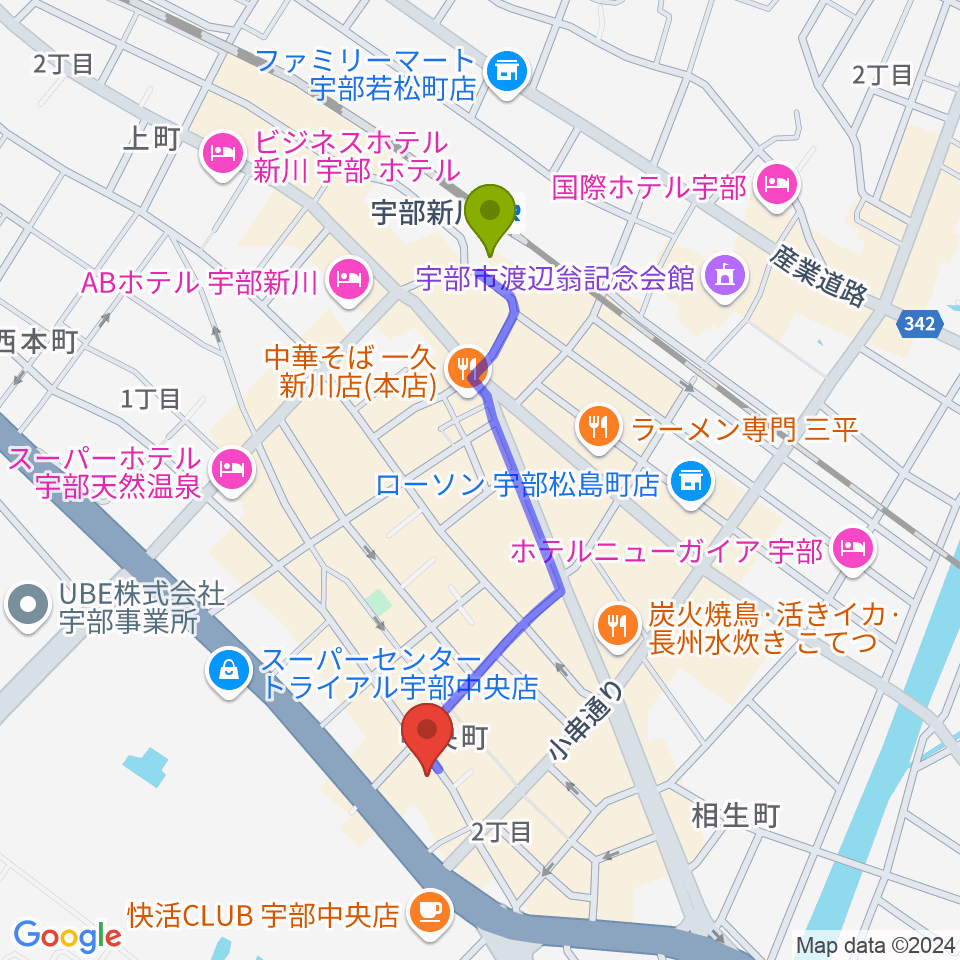 宇部BBBの最寄駅宇部新川駅からの徒歩ルート（約9分）地図