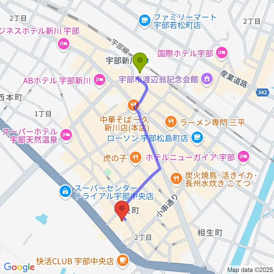 宇部BBBの最寄駅宇部新川駅からの徒歩ルート（約9分）地図