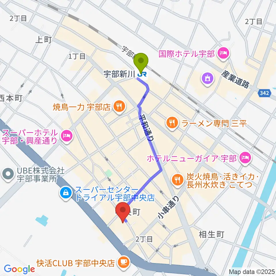 宇部BBBの最寄駅宇部新川駅からの徒歩ルート（約9分）地図