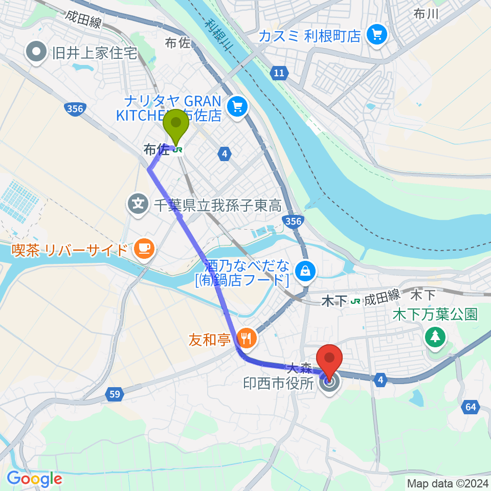 布佐駅から印西市文化ホールへのルートマップ地図