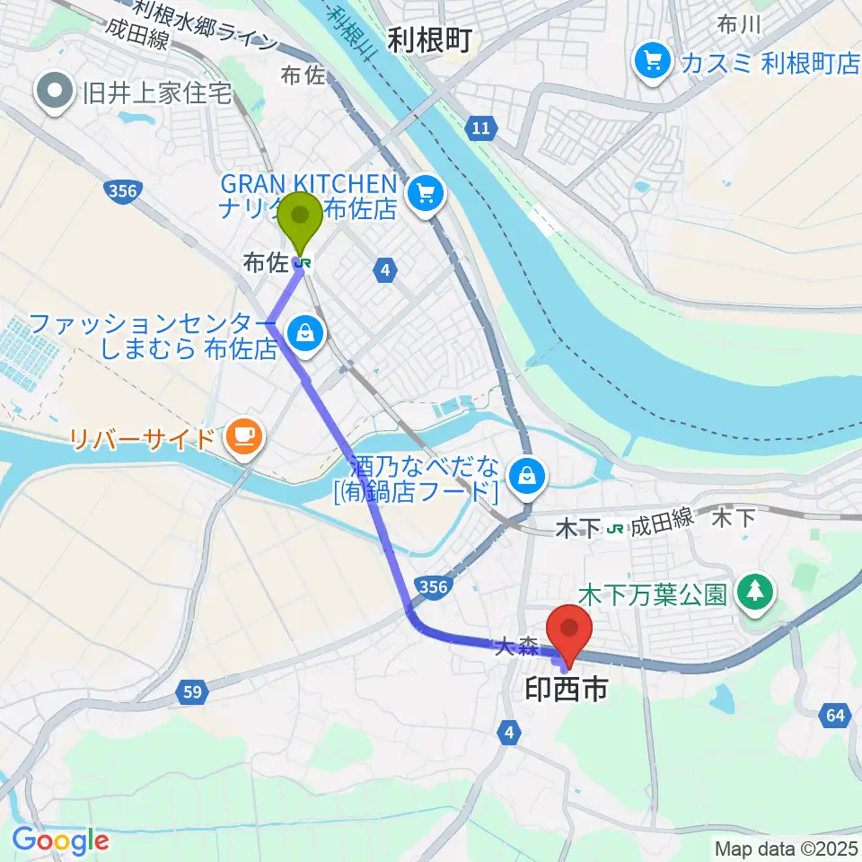布佐駅から印西市文化ホールへのルートマップ地図