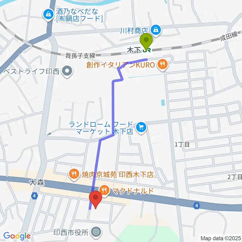 印西市文化ホールの最寄駅木下駅からの徒歩ルート（約11分）地図