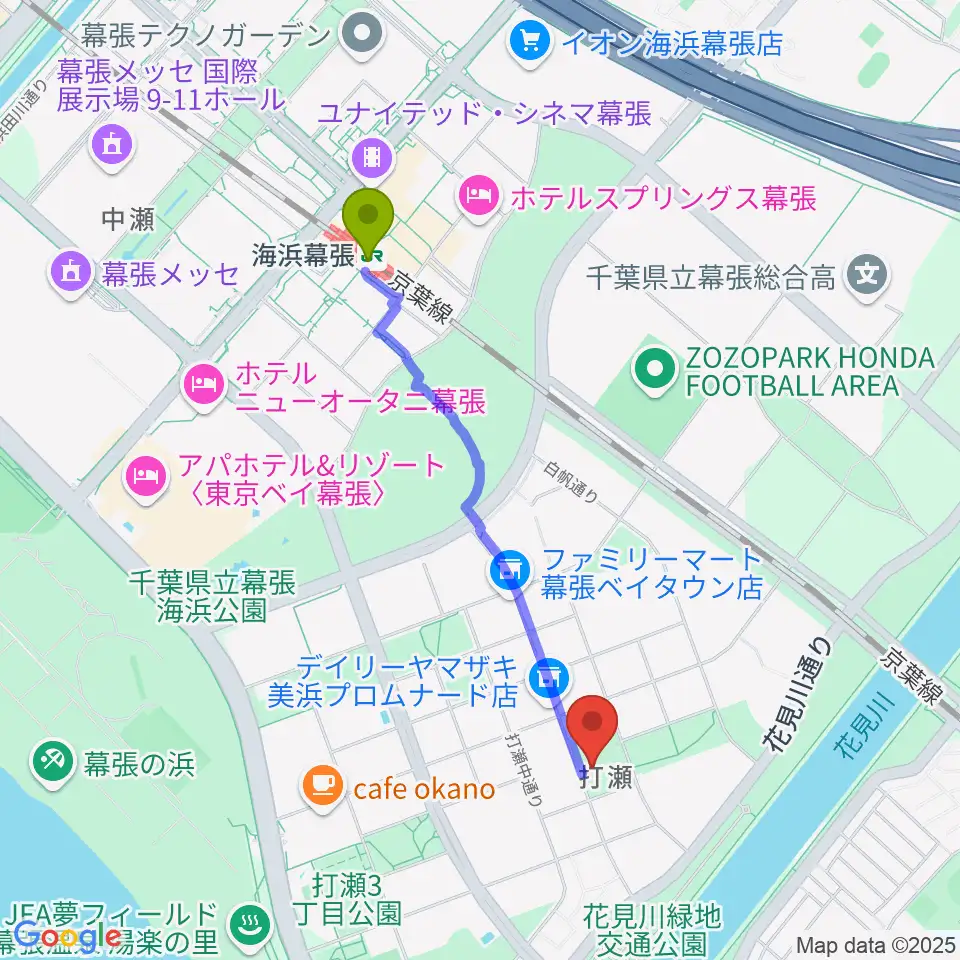 幕張ベイタウン・コア 打瀬公民館の最寄駅海浜幕張駅からの徒歩ルート（約18分）地図