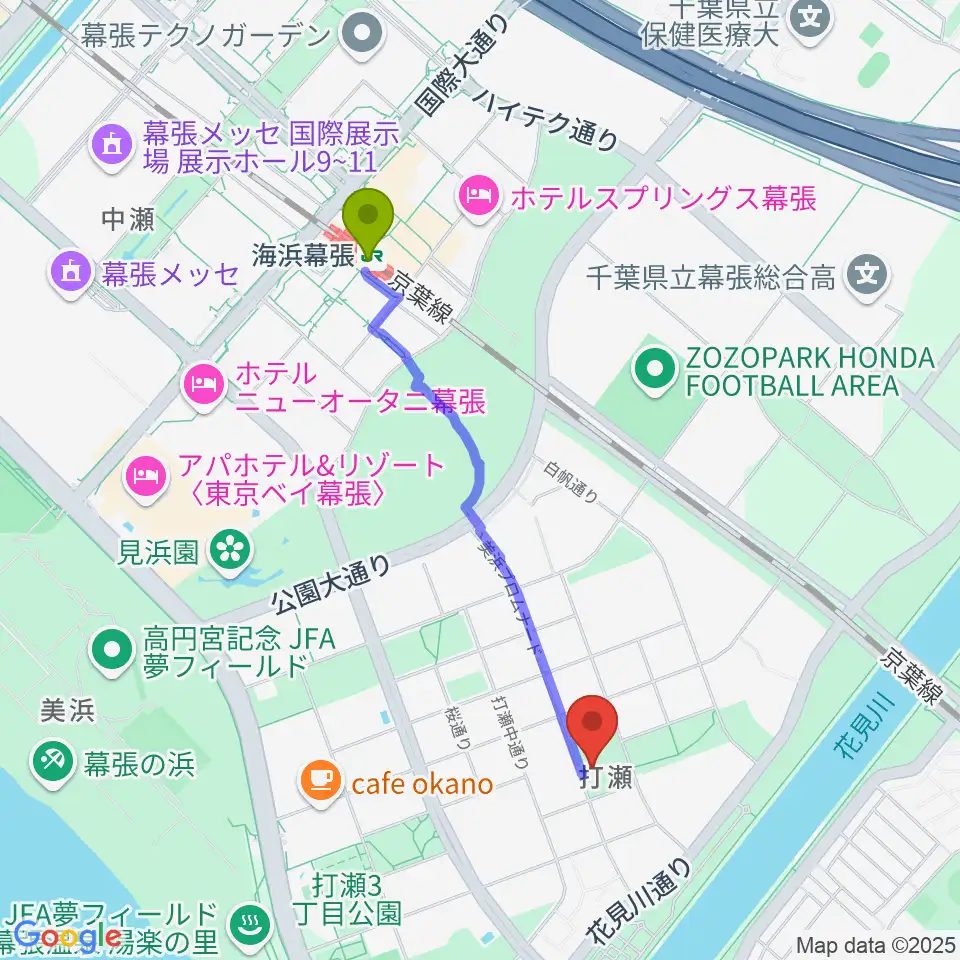 幕張ベイタウン・コア 打瀬公民館の最寄駅海浜幕張駅からの徒歩ルート（約18分）地図
