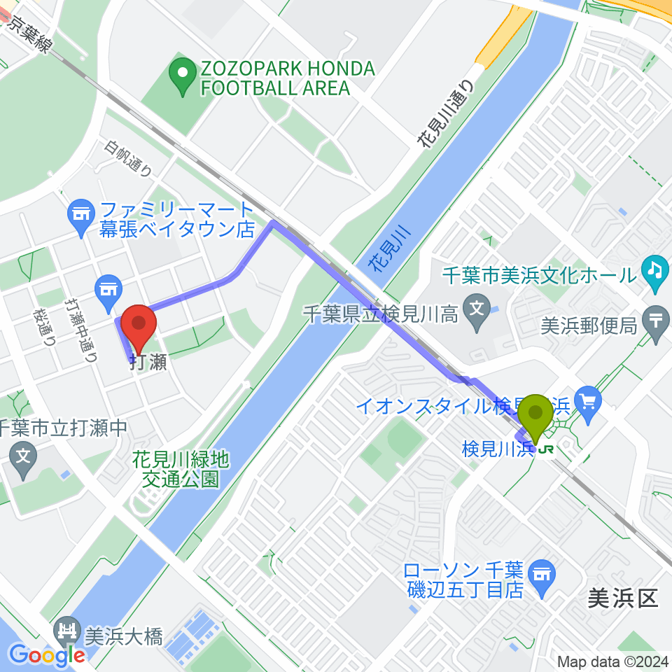 検見川浜駅から幕張ベイタウン・コア 打瀬公民館へのルートマップ地図