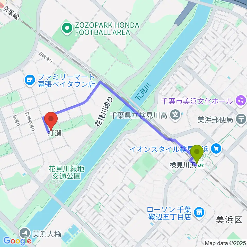 検見川浜駅から幕張ベイタウン・コア 打瀬公民館へのルートマップ地図
