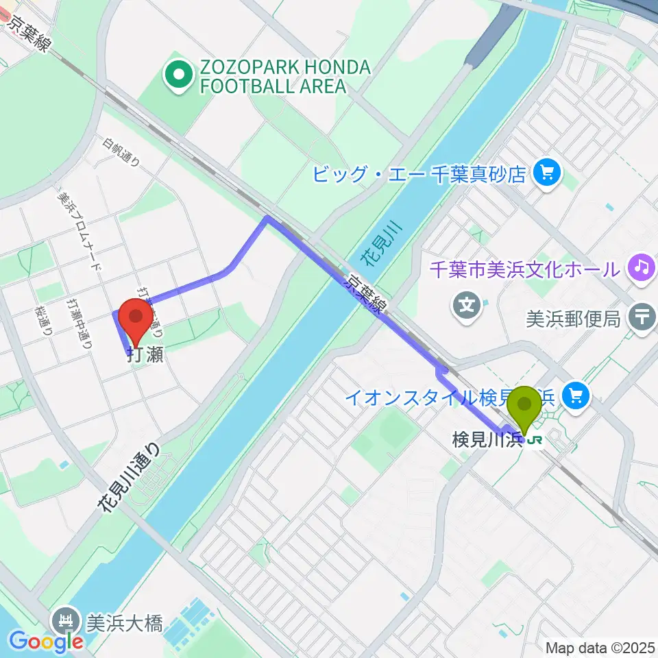 検見川浜駅から幕張ベイタウン・コア 打瀬公民館へのルートマップ地図