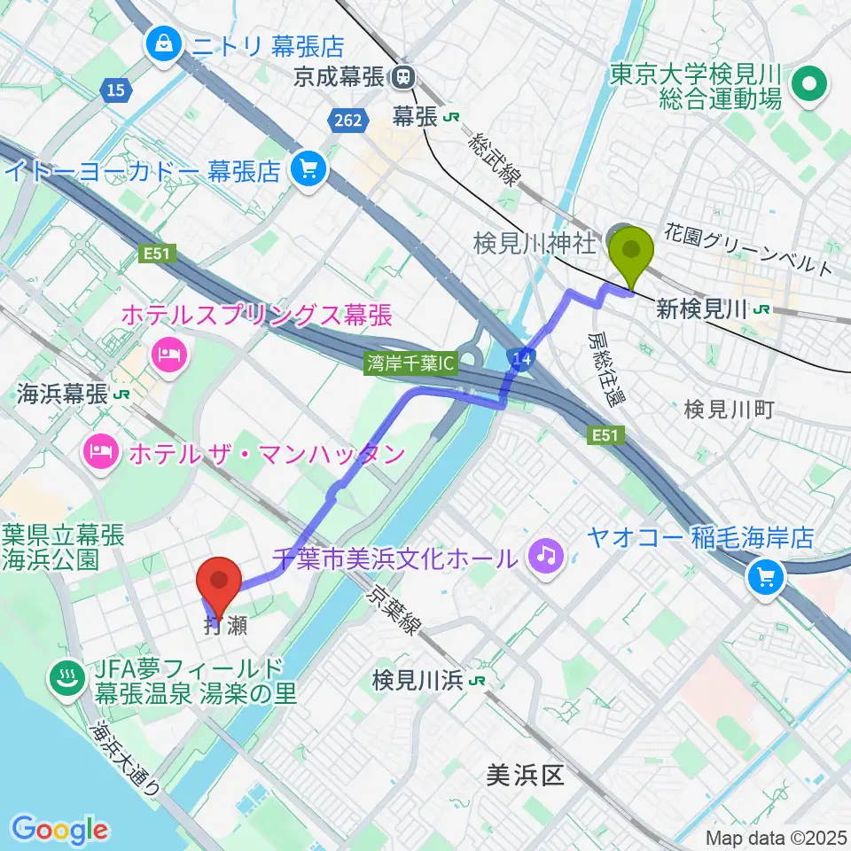 検見川駅から幕張ベイタウン・コア 打瀬公民館へのルートマップ地図