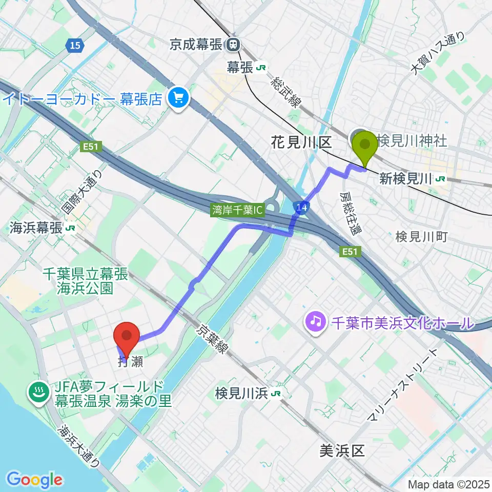 検見川駅から幕張ベイタウン・コア 打瀬公民館へのルートマップ地図