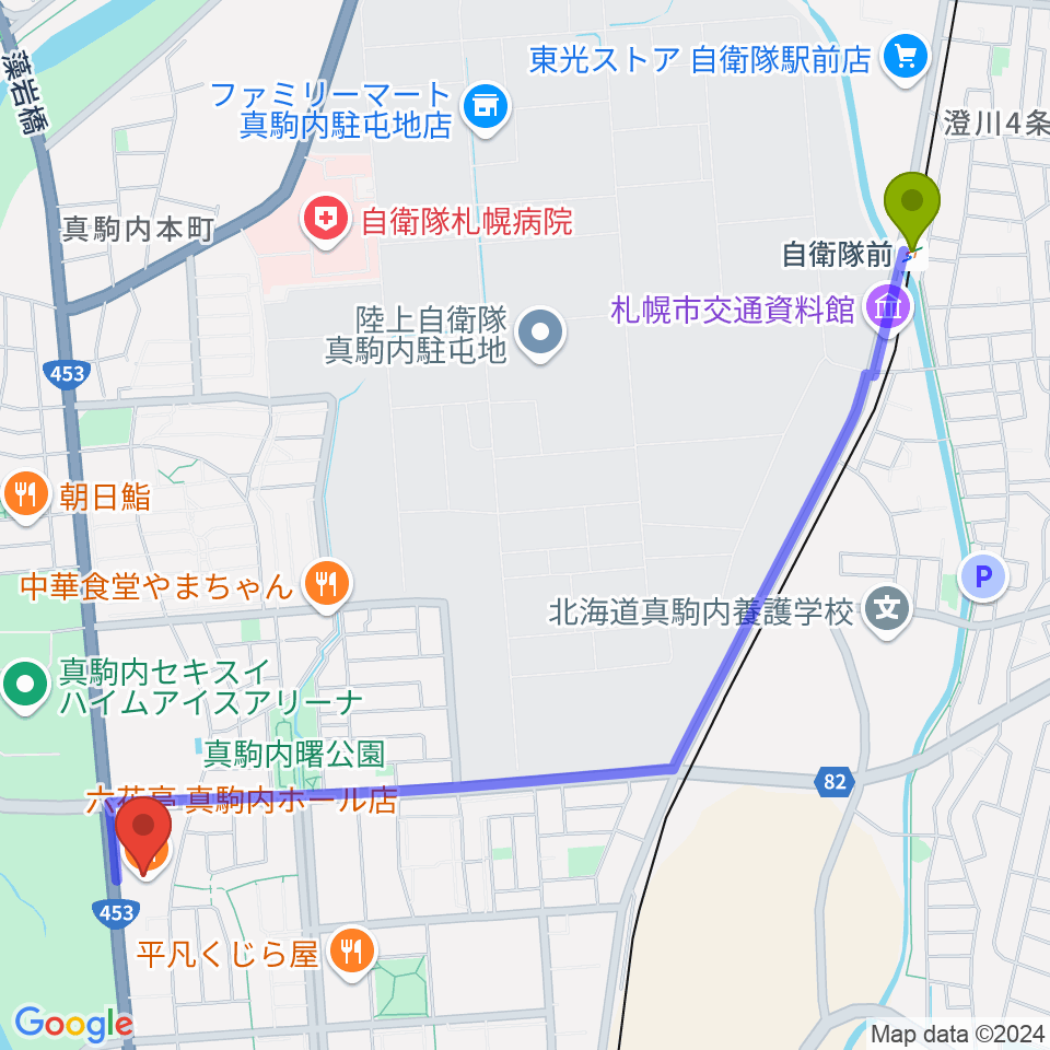 自衛隊前駅から真駒内六花亭ホールへのルートマップ地図