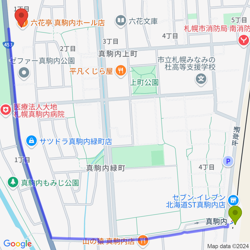 真駒内六花亭ホールの最寄駅真駒内駅からの徒歩ルート（約16分）地図