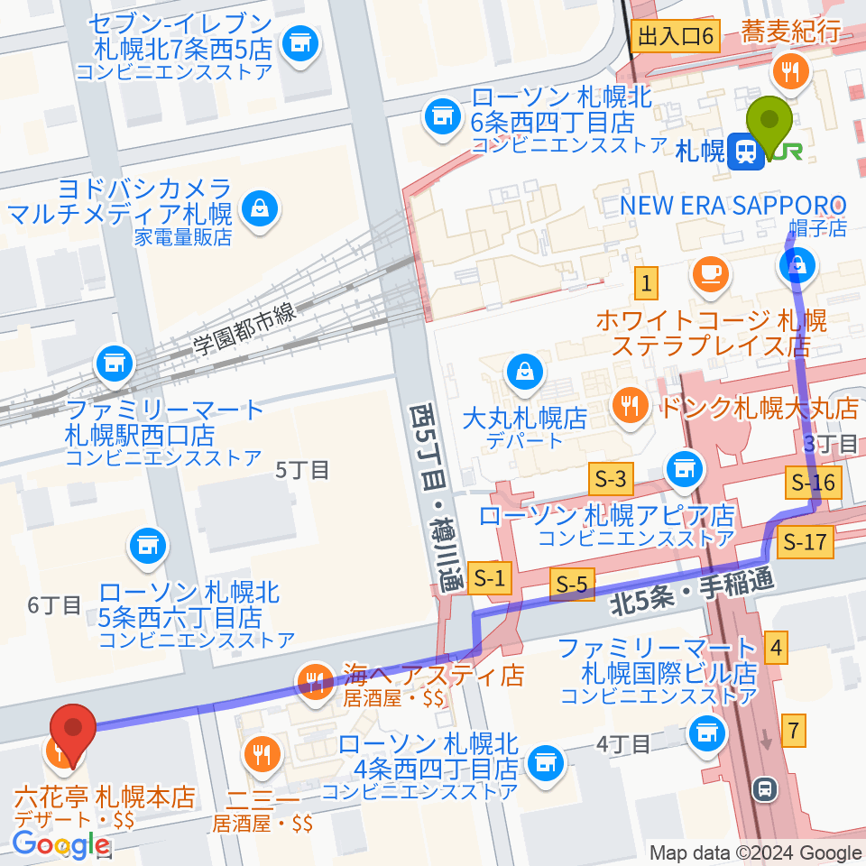 六花亭札幌本店 ふきのとうホールの最寄駅札幌駅からの徒歩ルート（約7分）地図