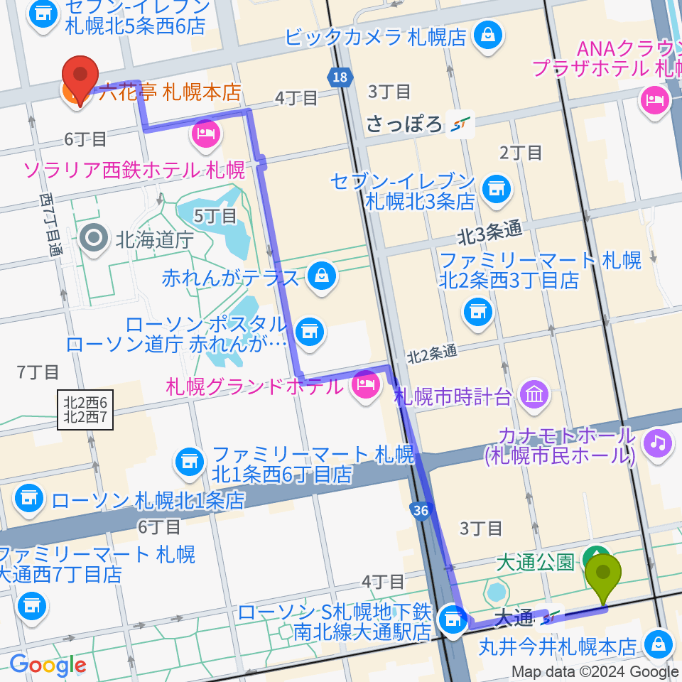 大通駅から六花亭札幌本店 ふきのとうホールへのルートマップ地図