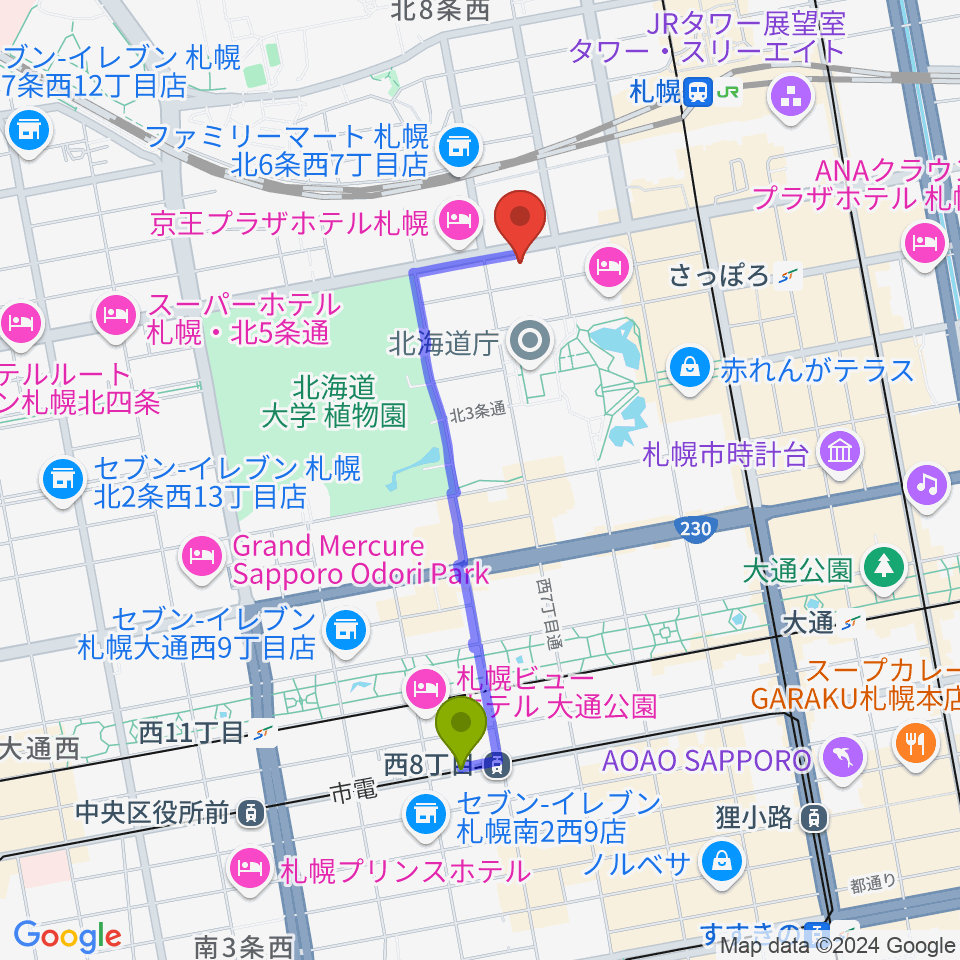 西８丁目駅から六花亭札幌本店 ふきのとうホールへのルートマップ地図