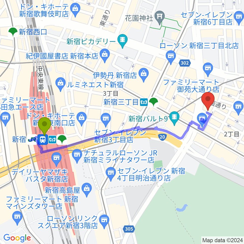 新宿駅から新宿PIT INNへのルートマップ地図