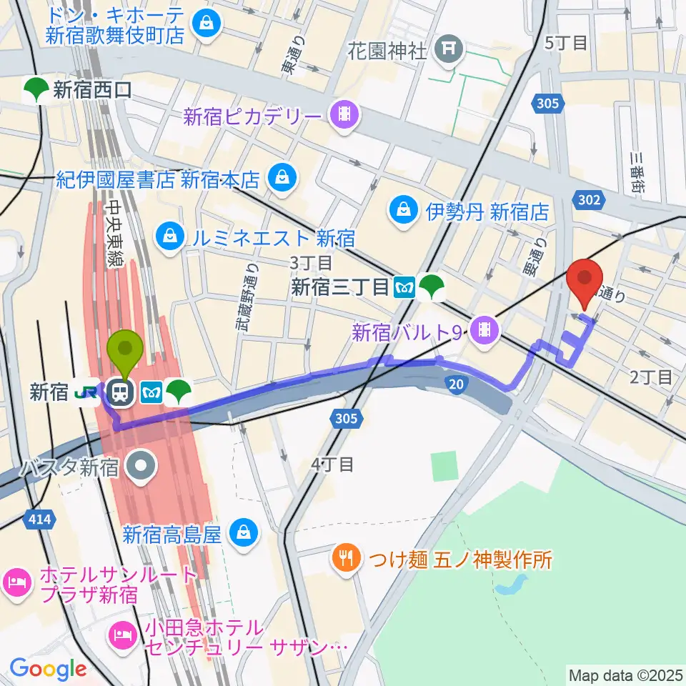 新宿駅から新宿PIT INNへのルートマップ地図