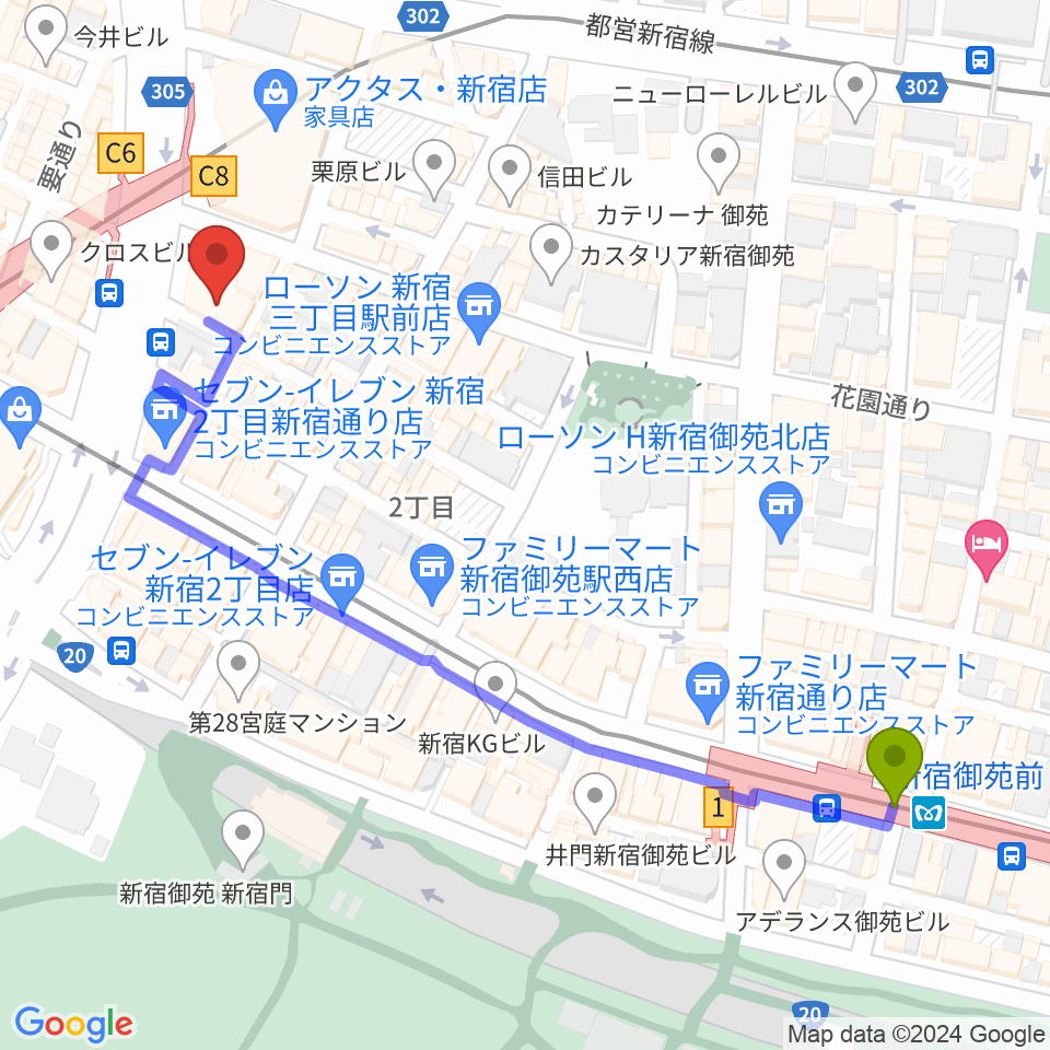 新宿御苑前駅から新宿PIT INNへのルートマップ地図