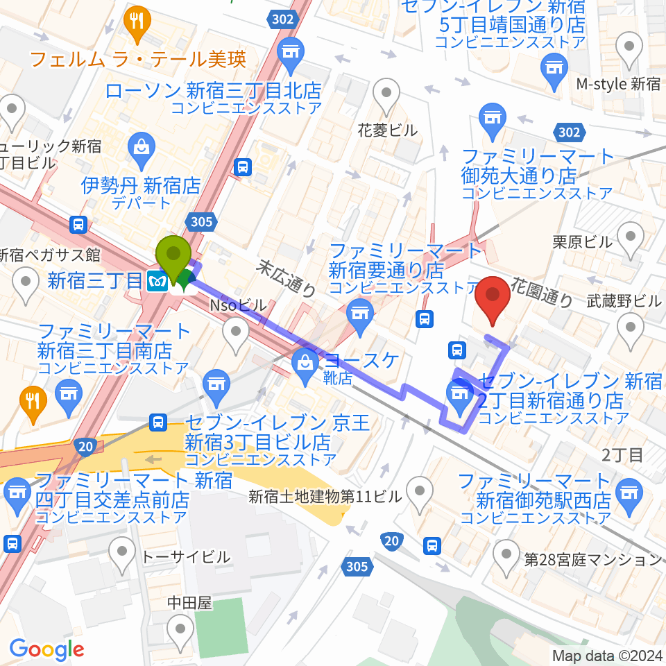 新宿PIT INNの最寄駅新宿三丁目駅からの徒歩ルート（約4分）地図