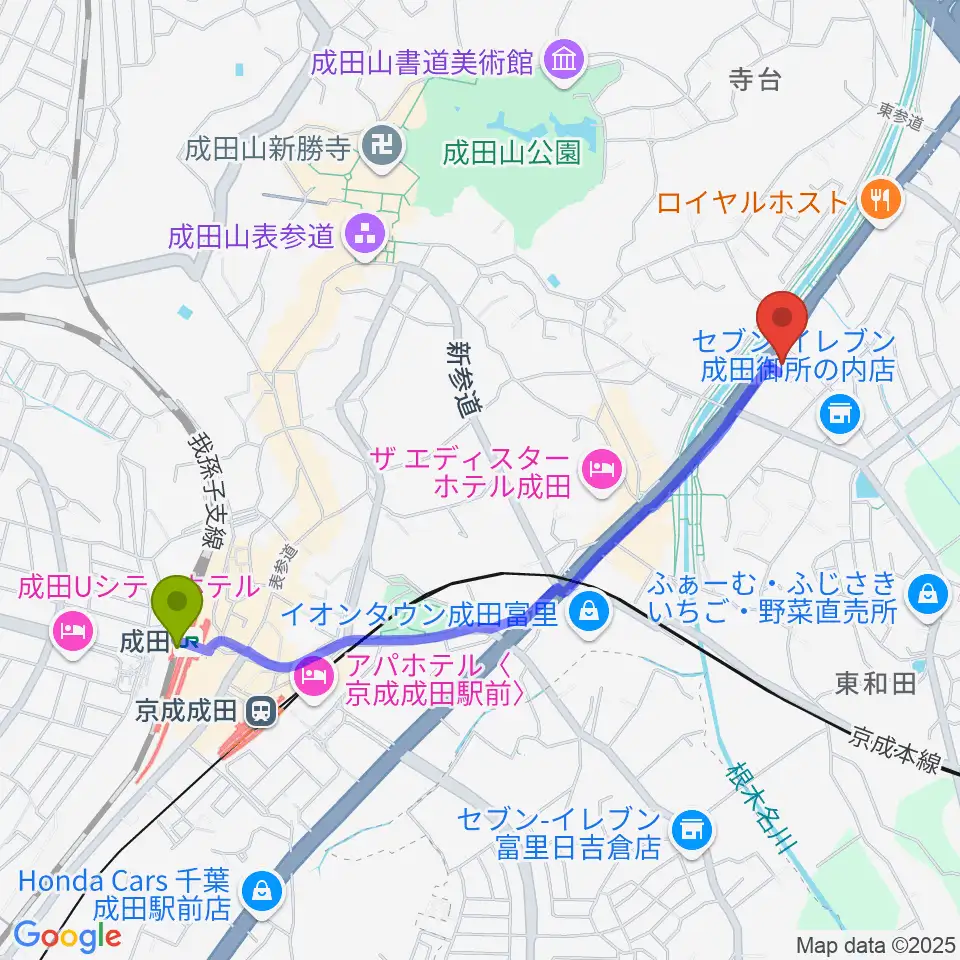 ラジオ成田の最寄駅成田駅からの徒歩ルート（約22分）地図