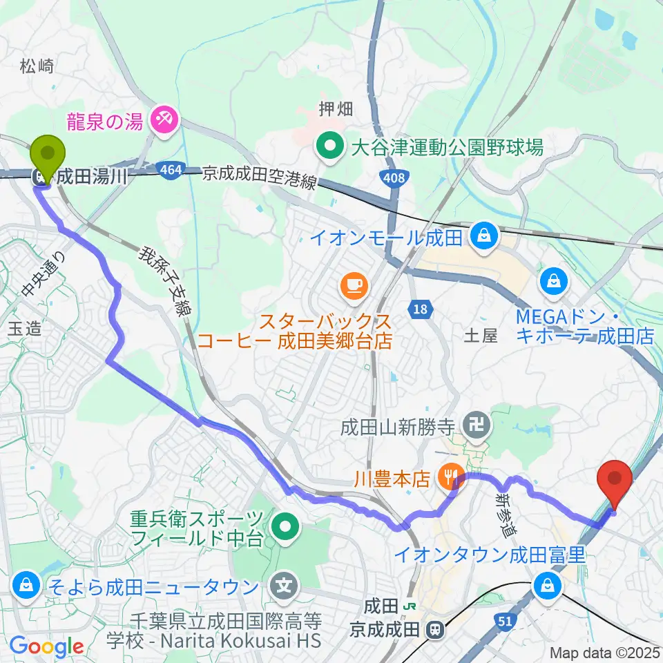成田湯川駅からラジオ成田へのルートマップ地図