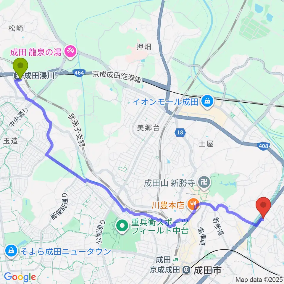 成田湯川駅からラジオ成田へのルートマップ地図
